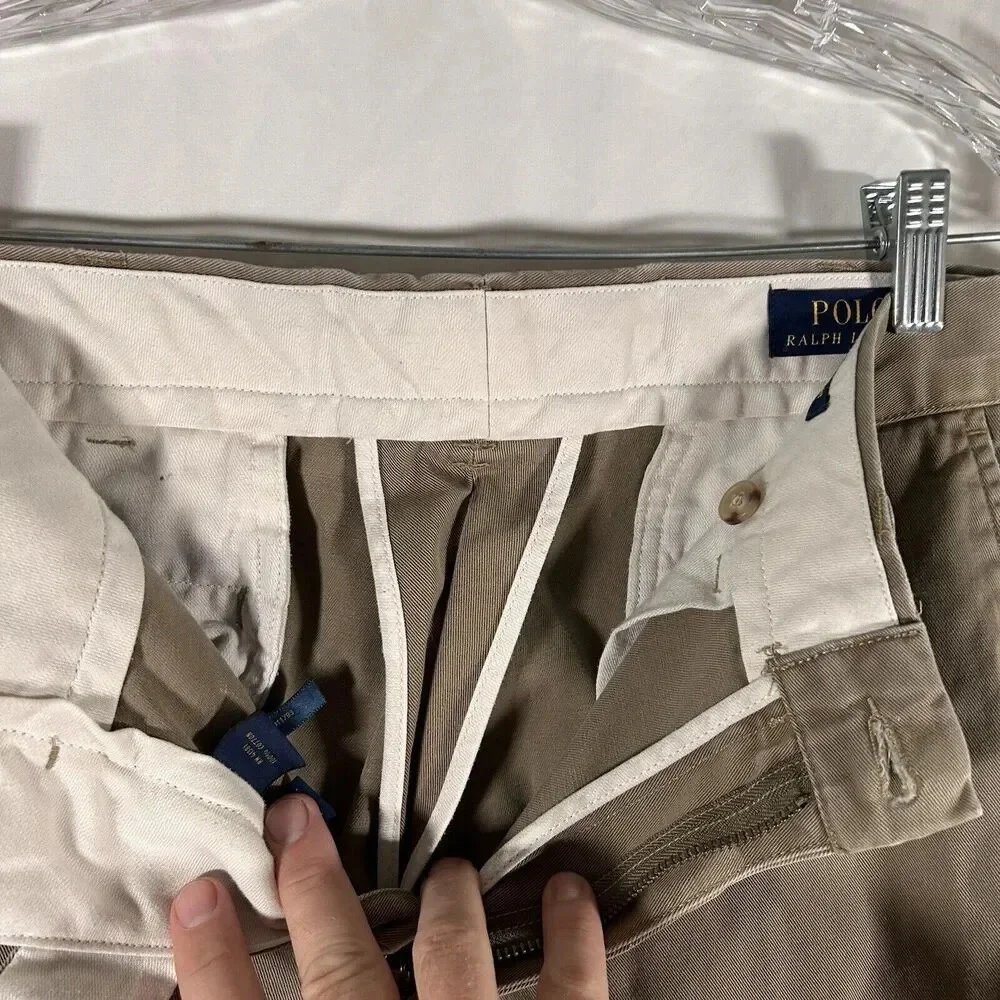 Polo Ralph Lauren Khaki Pants Men 34x32 Beige Classic Fit Button Zip 100% Cotton